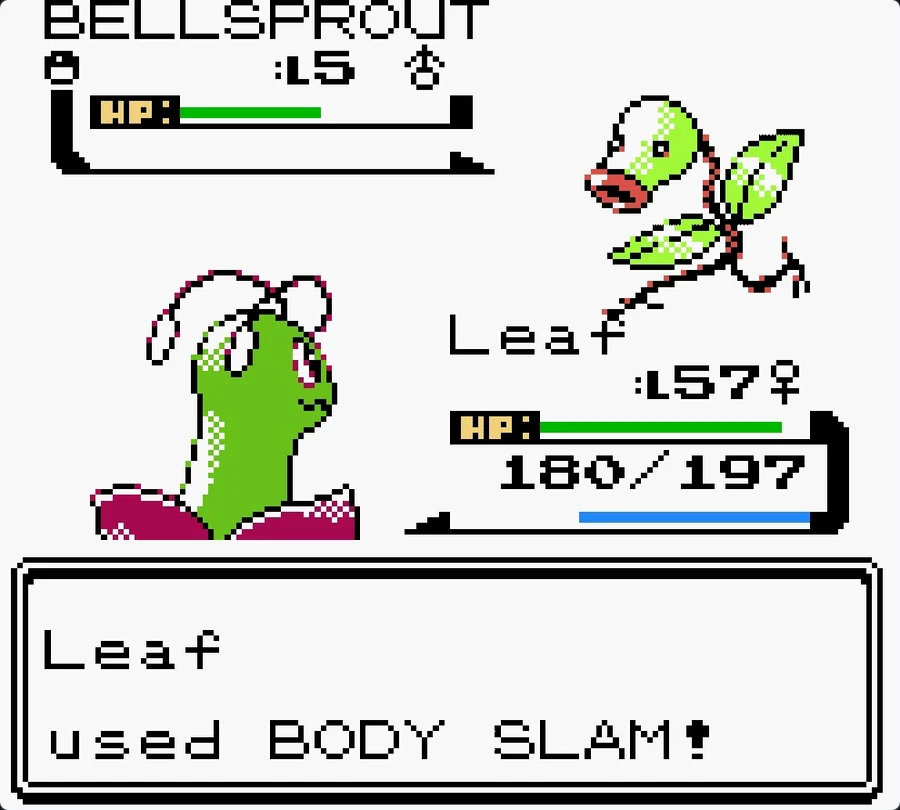 A Game Boy Color battle screen: Leaf the level 57 Meganium uses Body Slam on a level 5 Bellsprout.