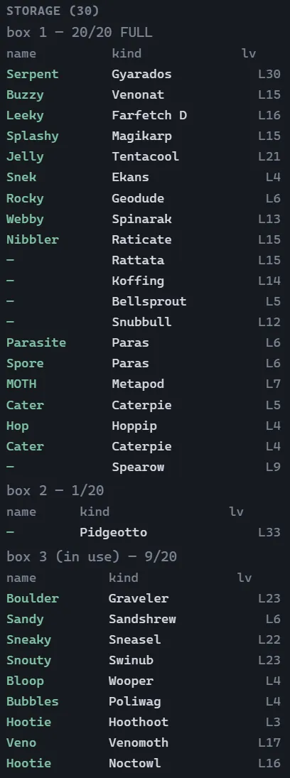 The console's storage list: three PC boxes holding 30 Pokémon with their nicknames and levels. Box 2 holds only Pidgeotto.