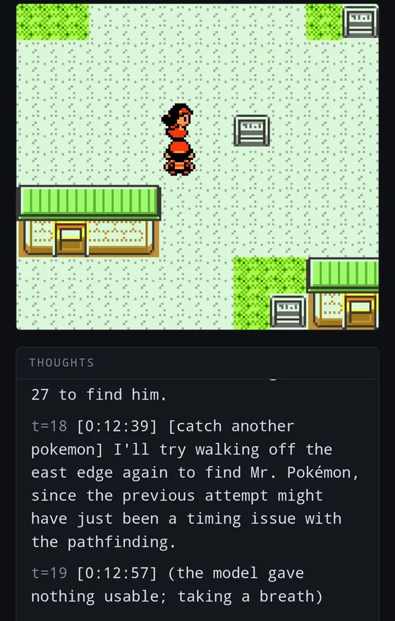 The player standing in New Bark Town, with thoughts about walking off the east edge again and the harness noting the model gave nothing usable.
