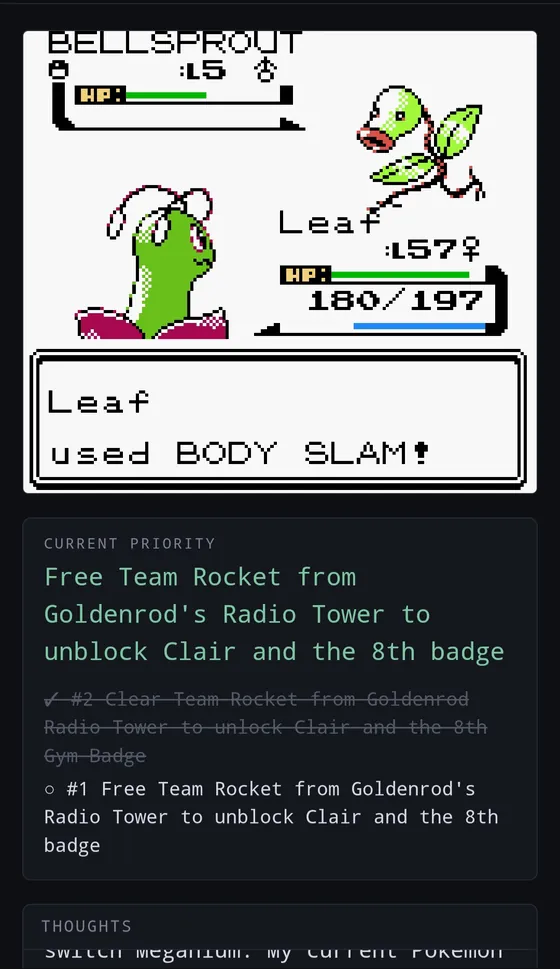 A battle where Leaf the level 57 Meganium uses Body Slam on a level 5 Bellsprout, above the priority "Free Team Rocket from Goldenrod's Radio Tower."