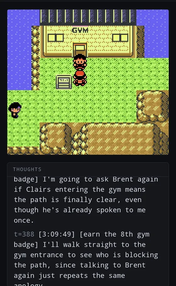 The Blackthorn City gym entrance with a man standing in the doorway, and thoughts about walking up to see who is blocking the path.