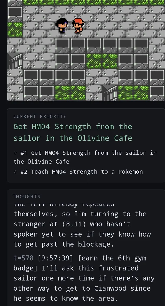Olivine City with the priority to get Strength from the sailor in the cafe, and a thought about asking a frustrated sailor for another way to Cianwood.