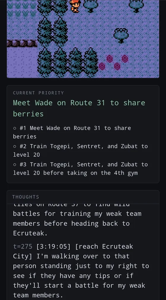 A route at night with the priority "Meet Wade on Route 31 to share berries" and training goals below it.