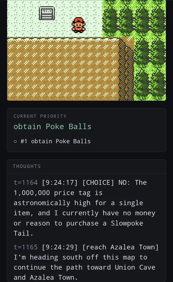 A route with the priority "obtain Poke Balls" and a thought declining to pay 1,000,000 for a Slowpoke Tail.