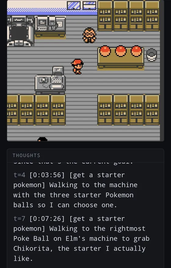 Professor Elm's lab with the three starter Poké Balls on the machine, and a thought about walking to the rightmost one.