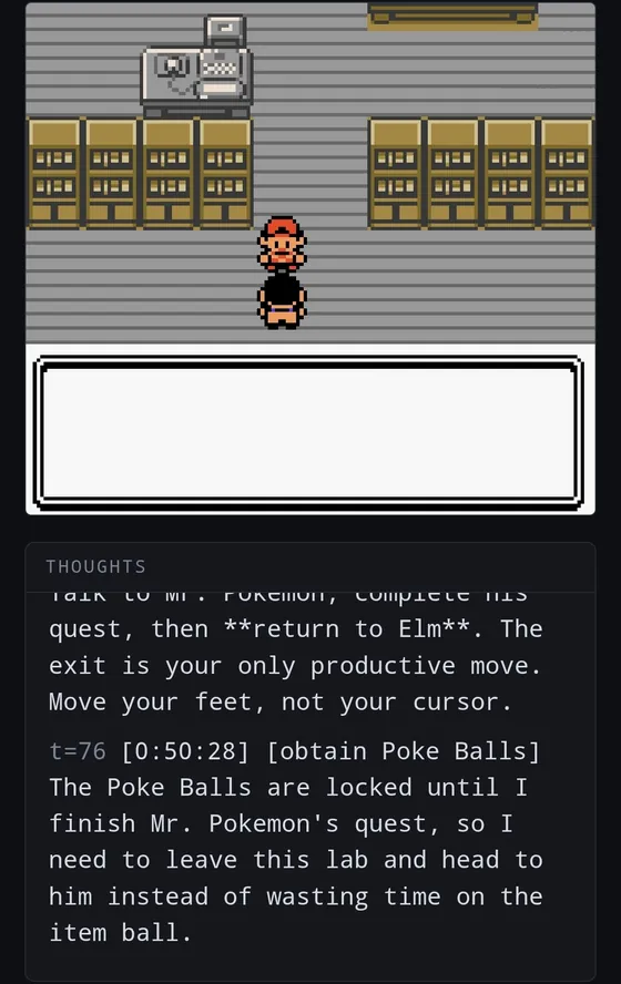Elm's lab with an empty text box, and advice in the thoughts panel ending with "Move your feet, not your cursor."