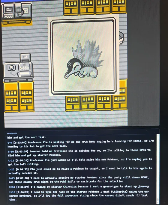 A photo of a monitor: Cyndaquil's picture fills the game screen while the thought log below says it is naming its starter Chikorita.